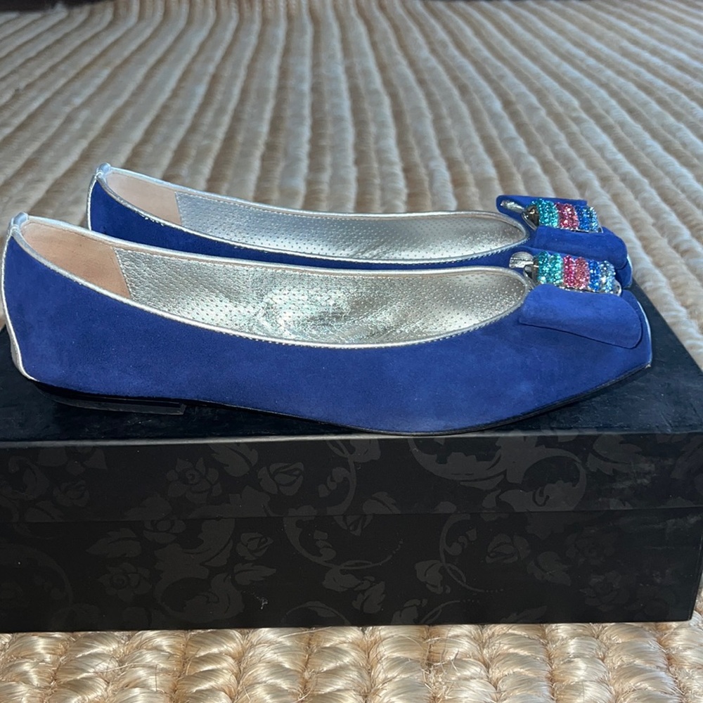 Loriblu blue suede Swarovski embellished flats IT 7.5